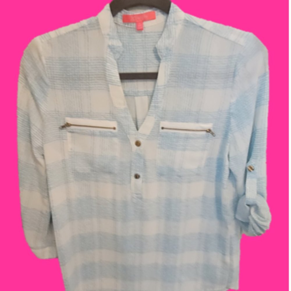 Tab-sleeve, white and light blue blouse